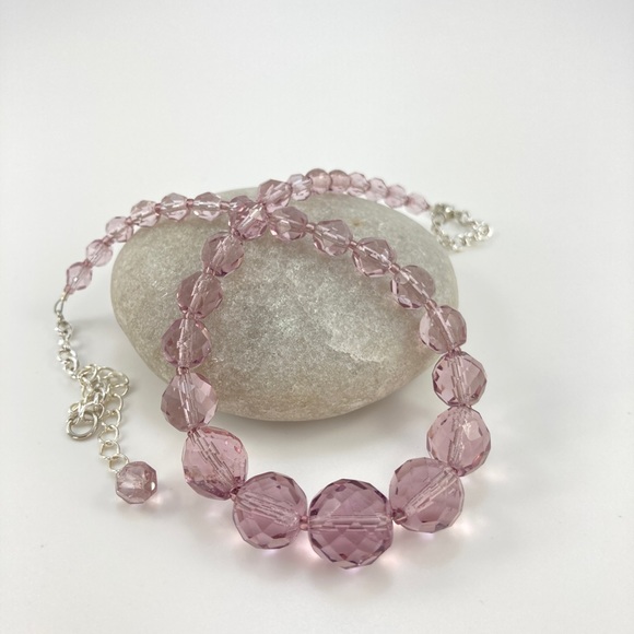 Vintage Purple Crystal Choker Necklace, Round Lavender Crystals, 15" + 2". - Picture 6 of 12